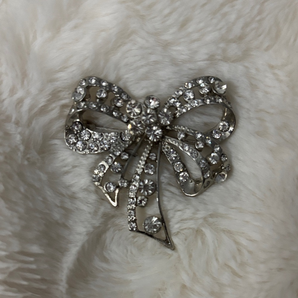 Crystal Bow Brooch - Silver Rhinestone Accent